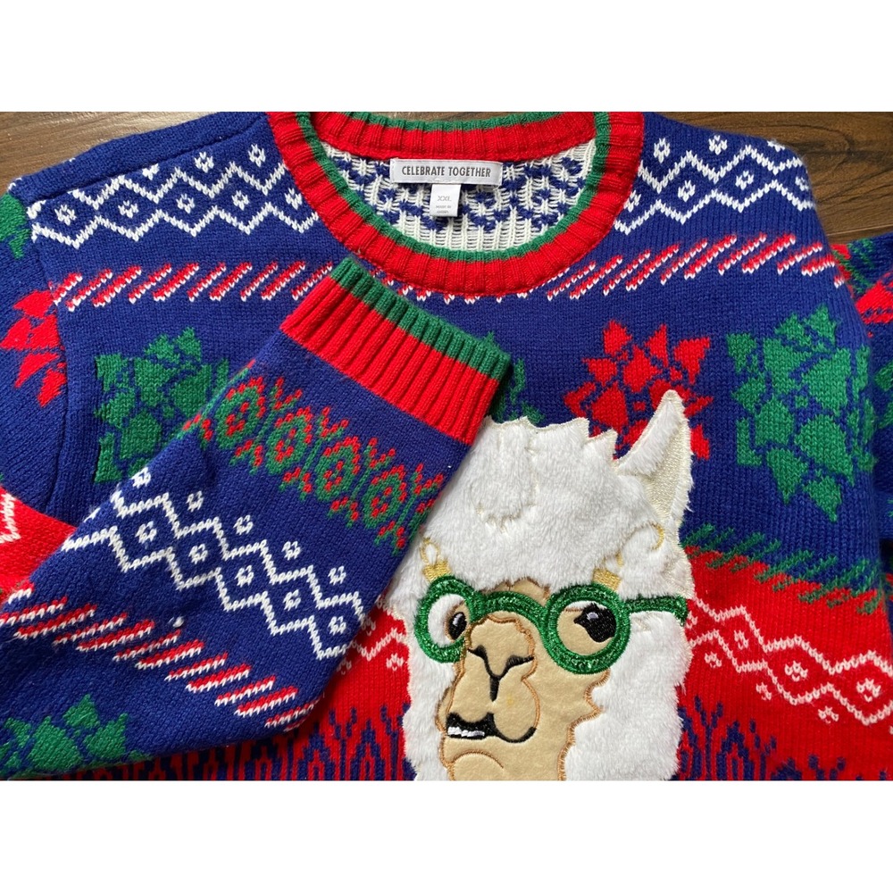 Celebrate Together Llama Ugly Christmas Sweater Blue Red XXL Fair Isle Festive